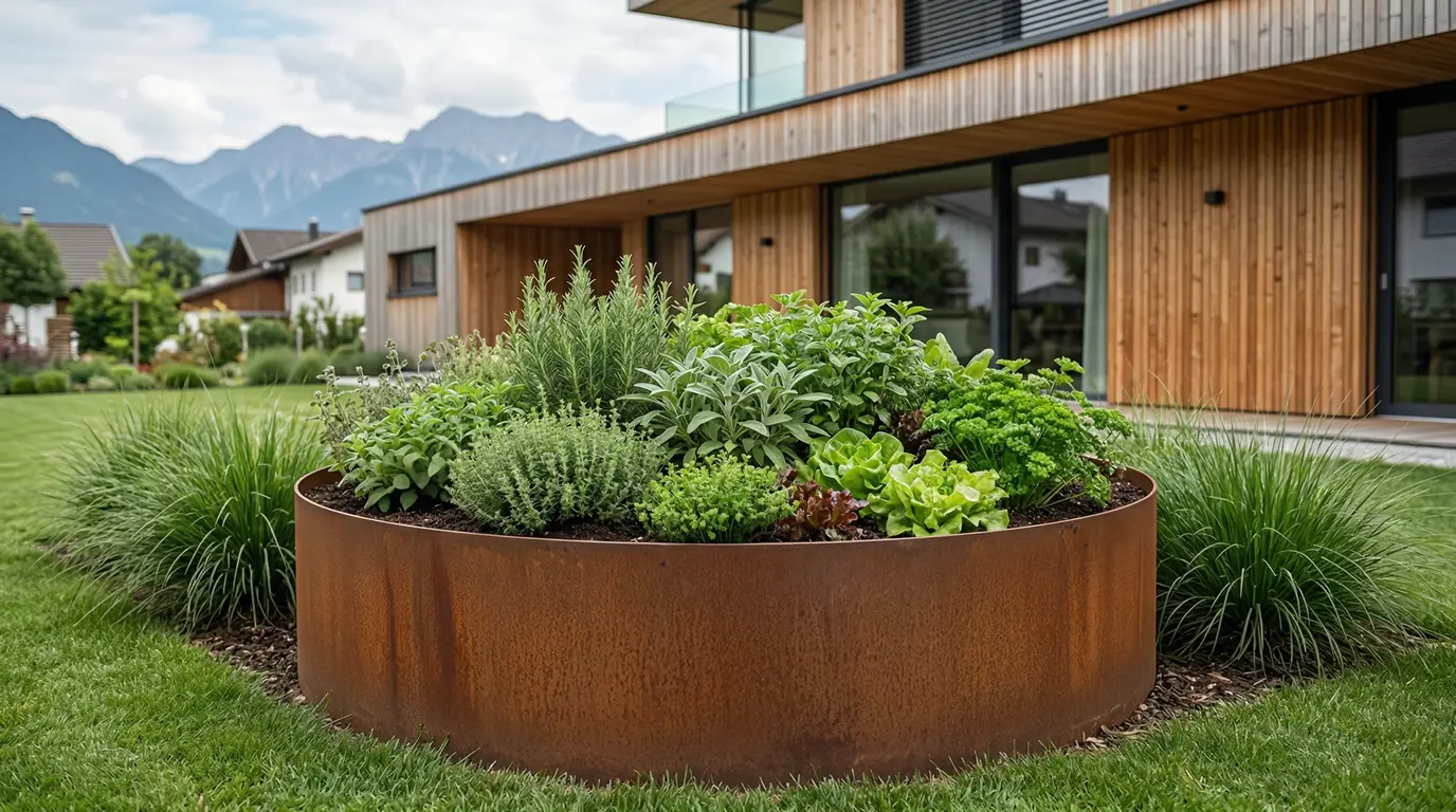 Rundes Hochbeet aus Stahl mit Rostpatina