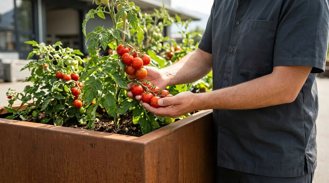 Person erntet entspannt Tomaten aus einem VMZ Hochbeet aus Stahl